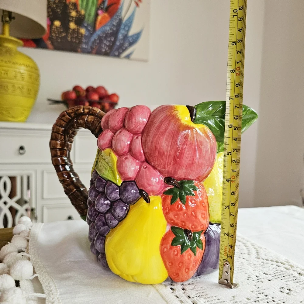 Vintage Handcrafted Pier 1 Imports Majolica Ceramic Fruits Design Pitcher 7